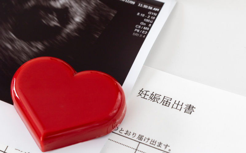 赤ちゃんの超音波写真とハートと妊娠届出書